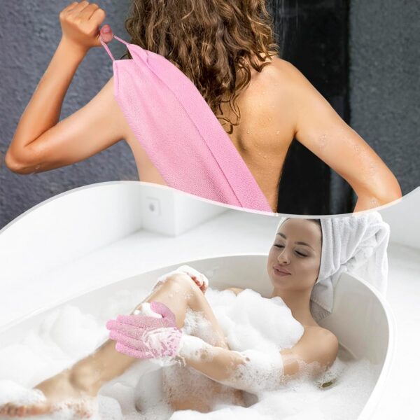 Exfoliating Shower Bath Glove Back Scrubber Set, Spa Experience Dead Skin Cell Remover, Vacuum Packed (Pink)