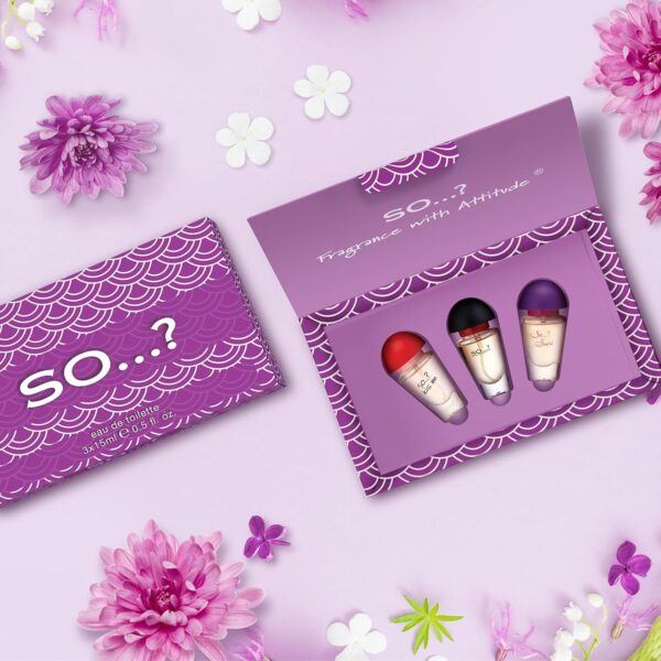 SO…? Three For Me Premium Womens Perfume Gift Set, Kiss Me, Sinful, SO...?, Eau De Toilette with Long Lasting Fragrance - Travel Size Mini Perfume for Girls, Ladies Gift Sets (3 x 15ml)