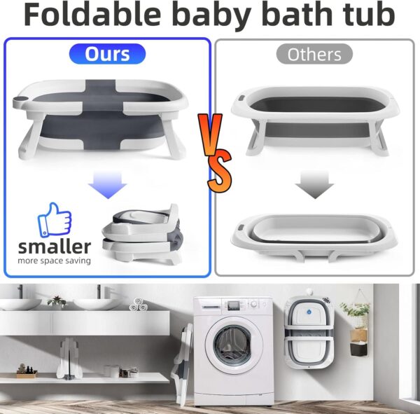 Baby Bath Tub Foldable Bathtub, Collapsible Toddler Bath Tubs with Baths Support Cushion Pad Seat Mat, Anti-Slip Portable Travel Shower Bathing Basin Folding Bathtubs for Newborn Toddler Infant (Grey)