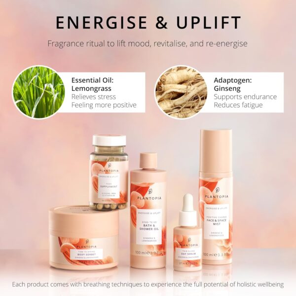 Plantopia Bath Oil & Shower Oil - Moisturising & Radiance Boosting - Energising Ginseng & Lemongrass - Aromatherapy Essential Oil Blend - Vegan Cruelty Free, 100ml