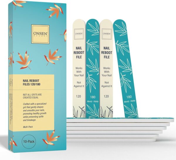 Onsen Secret Japanese Nail File - Professional 10-Pack Nail Files, Double Sided Natural & Acrylic Nail Filers - 120/180 Grit - Disposable, Salon Smooth, Best Nail File for Shiny Nails