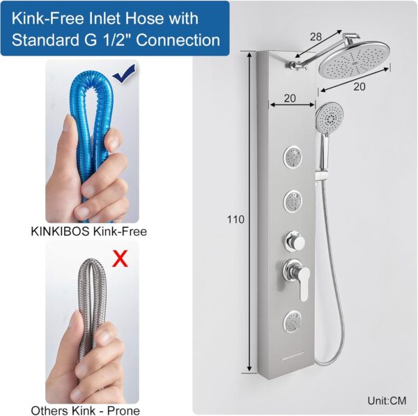 KINKIBOS Shower Tower Panel, Rainfall Shower, 2-Mode Body Massage Jets, 5-Setting Handset and Bathtub Spout, Height Adjustable Arm, Stainless Steel, Brushed
