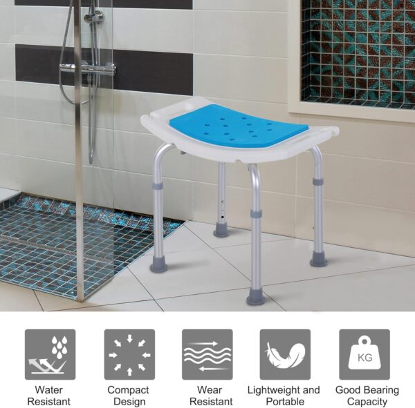 HOMCOM 6-Level Height Adjustable Aluminium Bath Room Stool Chair Shower Non-Slip Design w/Padded Seat Drainage Holes Foot Pad, Blue