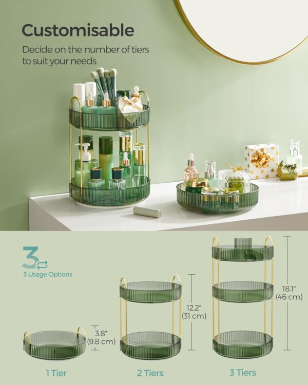SONGMICS Makeup Organiser Rotating, 3-Tier Round Skincare Organiser, Customisable, Toiletries Cosmetics Organiser, Gift, Pale Green JKA011C01