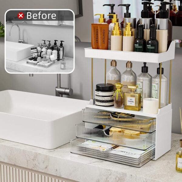 Makeup Organiser - Upgrade 2 Tier 3 Drawers Large Vanity Organiser, Versatile Cosmetic Organisers, Exquisite Bathroom Organiser Storage, Skincare Organisers, Dressing Table Organiser, Clear