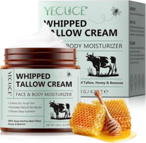 Beef Tallow for Skin Care 120 g, Tallow and Honey Balm, Tallow Face Cream, Tallow Face Moisturizer, Organic Grass-Fed Whipped Tallow Balm with Raw Honey, Deep Hydration for Face & Body