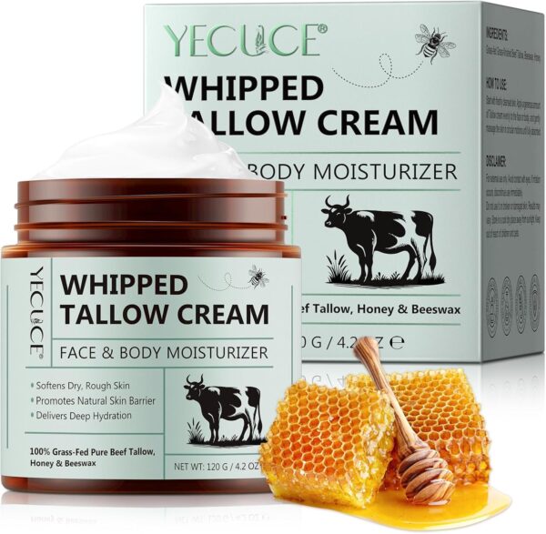 Beef Tallow for Skin Care 120 g, Tallow and Honey Balm, Tallow Face Cream, Tallow Face Moisturizer, Organic Grass-Fed Whipped Tallow Balm with Raw Honey, Deep Hydration for Face & Body