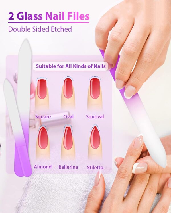 Glass Nail File and Shiner – 4PC Double Sided Etched Crystal Nail Buffer Files and Nano Nail Polishers, Professional Salon Manicure Tools Kit for Acrylic and Natural Nail (Purple)