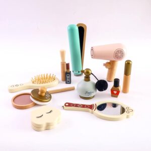 Pretend Makeup Sets Montessori Wooden Toy Kit Pretend Makeup Play Dress Up Kit for Toddler Children & Little Girls Fake Makeup Cosmetic with Hair Dryer, Mirror, Perfume Gifts Ages 3 +