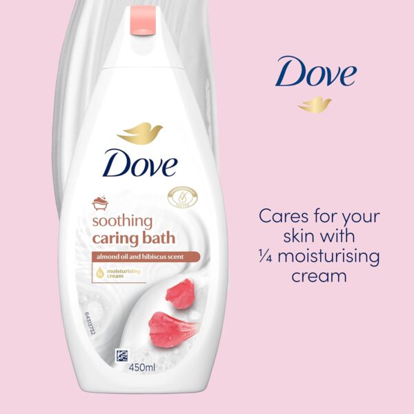 Dove Soothing Caring Bath Bath Soak with ¼ moisturising cream, almond cream & hibiscus for an indulgent bubble bath 450 ml