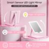 Benbilry Foldable Travel Makeup Mirror with Lights and 20X Magnification, Rechargeable Tabletop LED Vanity Mirror with Adjustable Stand, 3-Colored Dimmable Lighting, Portable Cosmetic Mirror, Pink