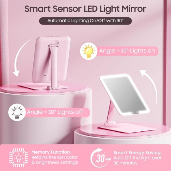 Benbilry Foldable Travel Makeup Mirror with Lights and 20X Magnification, Rechargeable Tabletop LED Vanity Mirror with Adjustable Stand, 3-Colored Dimmable Lighting, Portable Cosmetic Mirror, Pink
