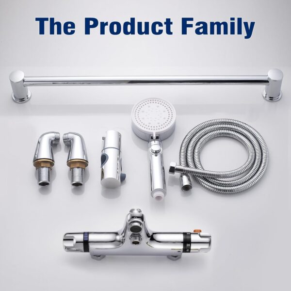 Thermostatic Bath Shower Mixer Tap with Shower Riser Kit, Modern Bath Taps with Shower Set, Include Deck Mounted Thermostatic Bar, Shower Rail, Shower Head, Shower Hose, 38°C Anti Scald, Chrome