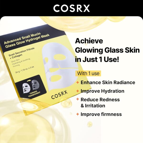 COSRX Advanced Snail Mucin Glass Glow Hydrogel Face Masks Skincare, Collagen Face Mask, Overnight Peel Off Korean Face Mask for Hydration Boost, Glass Skin Face Mask Korean Skincare, Pack of 3