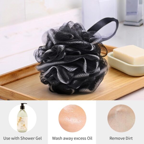 LMSMW Bath Body Poufs 4 Pack - Exfoliating Luffa Sponges for Men Women, Charcoal Shower Mesh Pouf Loofah Sponge Bath Puffs Scrunchie Body Scrubbers Bathing Cleaning Loofahs Lufa Lofa Loffa Pad
