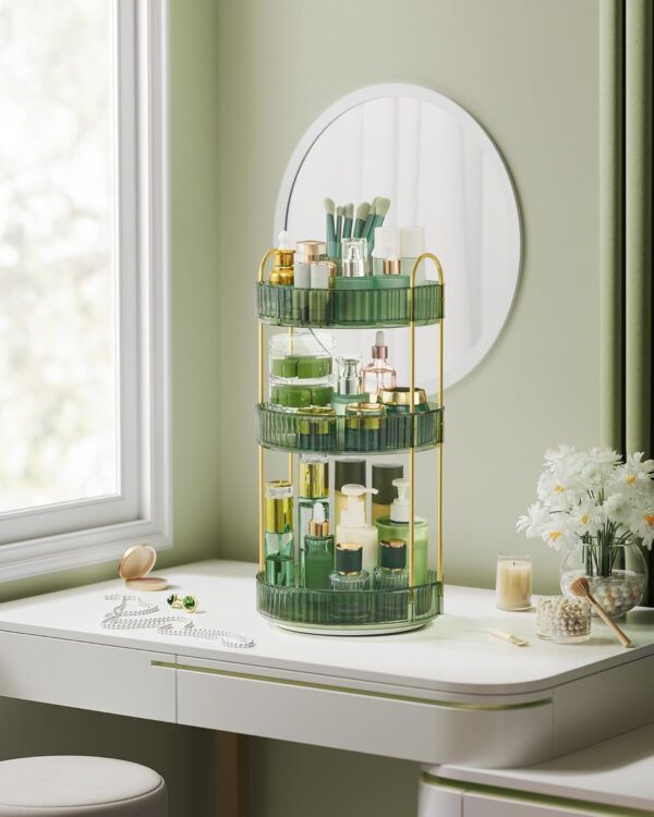 SONGMICS Makeup Organiser Rotating, 3-Tier Round Skincare Organiser, Customisable, Toiletries Cosmetics Organiser, Gift, Pale Green JKA011C01