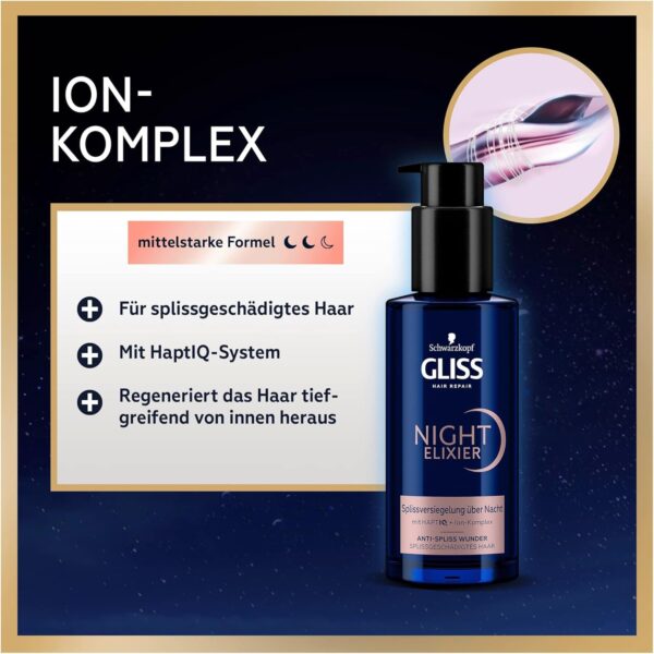 Gliss Night Elixir Anti-Split Ends Miracle (100 ml), Hair Serum Seals Split Ends During Sleep, Hair Care Repairs Hair Long-Lasting