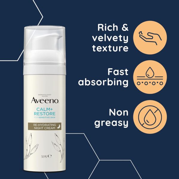 Aveeno CALM+RESTORE Re-Hydrating Night Cream (1 x 50ml), Fragrance-Free Face Care, Intensely Nourishes with Shea Butter & Prebiotic Oat, Suitable for Sensitive Skin