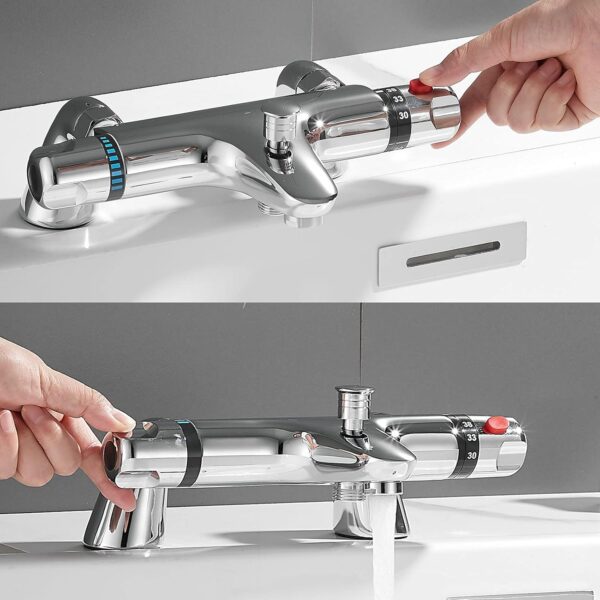 Thermostatic Bath Shower Mixer Valve Deck Mounted with Legs, Solid Brass Body Chrome Plated, Easy to Control Water Flow and Temperature from 30-45°C, Safety Button Temperature 38°C