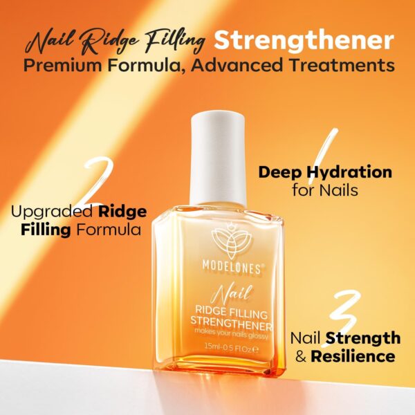 Modelones Nail Care 8 in one Ridge Filling Strengthener Treatment, Nail Polish Strengthener for Damaged and Weak Nails, Nail Hardener Extra Strong and Growth Smoothing Base Coat White Nail 15ml