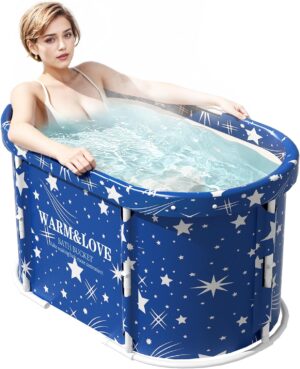 Portable Foldable Bathtub, Adults Soaking Bathtub for Shower, Sauna Bath Tub for Family, Quick Opening and Folding (Blue)
