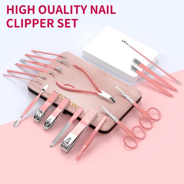 ZIZZON Manicure Set 18 in 1 Professional Pedicure Set Nail scissors Grooming Kit with Leather Travel Case Pink
