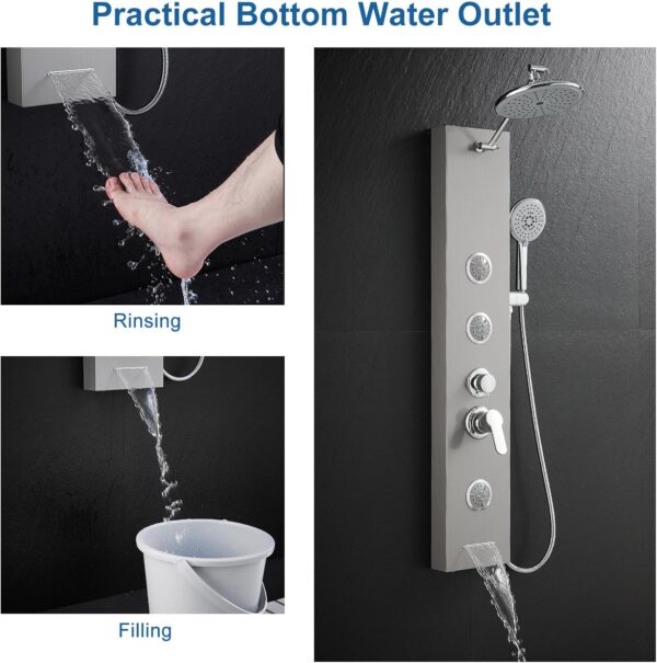 KINKIBOS Shower Tower Panel, Rainfall Shower, 2-Mode Body Massage Jets, 5-Setting Handset and Bathtub Spout, Height Adjustable Arm, Stainless Steel, Brushed