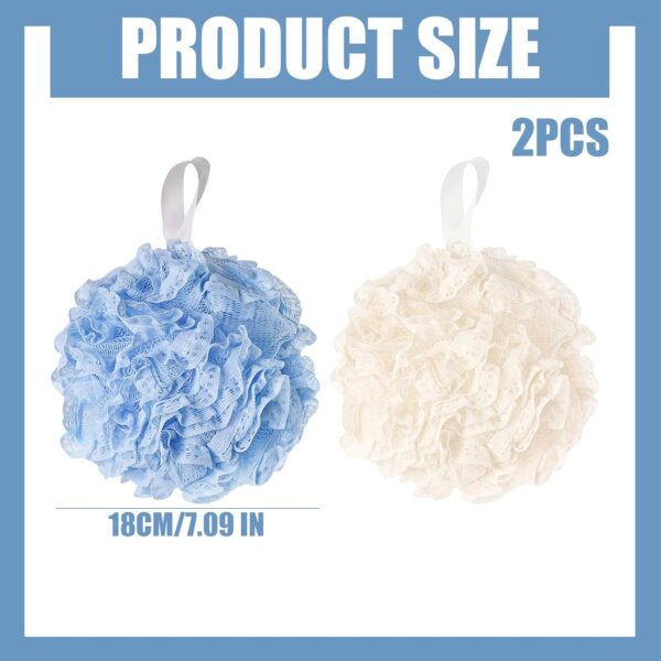 Larfraecy 2Pcs Shower Puffs, Large Mesh Exfoliating Bath Sponge Soft Body Puff Scrunchie for Scrubbing Loofah Sponge Body Scrubber for Women, Men Skin Exfoliating (White+Blue)