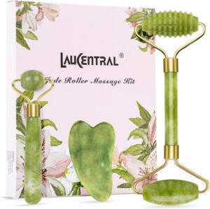 【3 PCS】Jade Roller & Gua Sha Massage Kits, LauCentral Natural Anti-Aging Face Roller for Eye Puffiness Treatment, Skin Tightening, Rejuvenate Face & Neck, Natural Green Massager