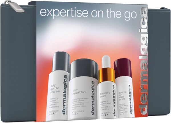 Dermalogica Expertise on the Go Gift Set, Travel-Size Daily Cleanser 50ml, Daily Microfoliant 13g, BioLumin-C Serum 15ml, Retinol Serum 15ml, Skincare Set, Pack of 4 + Travel Bag