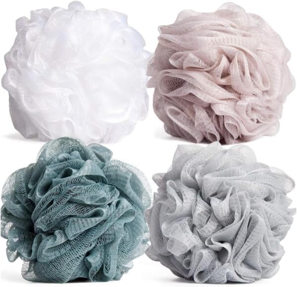 Zuvo Loofah Bath Sponge (4-Pack) – Soft & Durable Shower Puffs for Deep Exfoliation – Unisex Body Scrubber, Eco-Friendly and Skin-Safe, Assorted Colours.