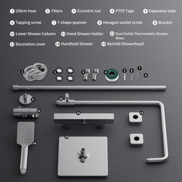 MORADO Thermostatic Shower Set,Adjustable Height Thermostatic Shower System, Shower Bar Set with Rainfall Shower Head and 3-Functions Hand Shower,Chrome Plated, Square Shape