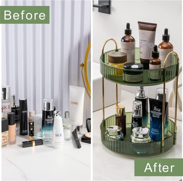 Bingobang Makeup Organiser 360 Rotating, Spinning 2 Tiers Skincare Cosmetic Organizer Acrylic Large, Tidy Storage Shelf for Perfume, Jewelery, Brush, Vanity Desk, Dresser, Bedroom, Bathroom (Green)