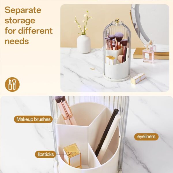 STORICANS Makeup Brush Holder Rotating Organiser with Clear Lid，Sliding Opening Dustproof Makeup Brush Case Make up Organizer Storage for Dressing Table Organiser,Vanity,White