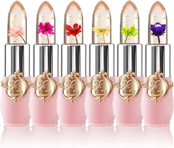 6 Packs Flower Jelly Lipstick Set Magic Temperature Color Change Lip Balm Long Lasting Moisturizer Lip Gloss Flower Jelly Lipstick Makeup Set (6PCS Set A)