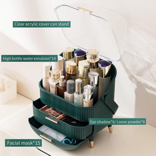 Kousee Multi-Function Make Up Case Dustproof Cosmetic Storage Box, Organizer Skin Care Products Jewelry Organiser Finishing Box for Bedroom Bathroom Desktop, Dark Green