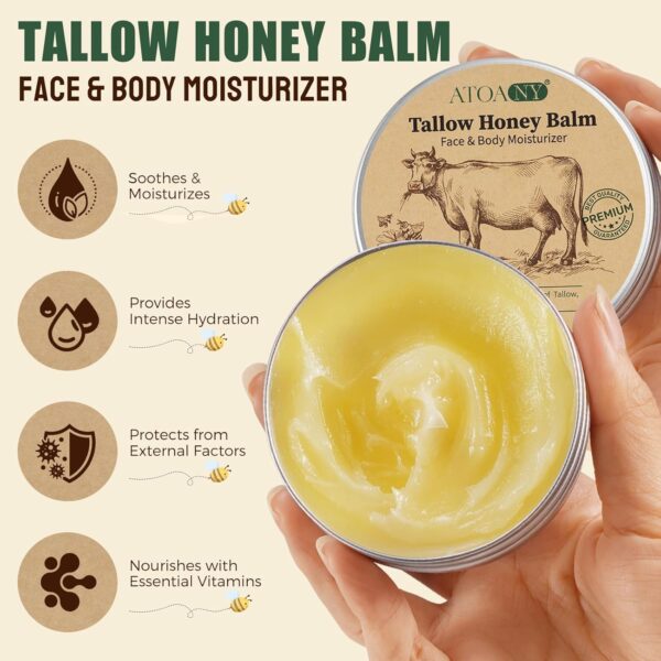 Tallow and Honey Balm, Deeply Moisturizing for Face & Body, Tallow Face Moisturizer, Grass-Fed Beef Tallow for Skin, Soothing All-Natural Moisturizer for Dry and Sensitive Skin, 2.5 oz
