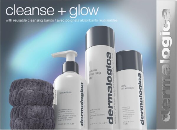 Dermalogica Cleanse and Glow Gift Set, Full-Size PreCleanse 150ml, Special Cleansing Gel 250ml, Daily Microfoliant 74g, Reusable Wristbands for Radiant, Skincare Set, Pack of 4