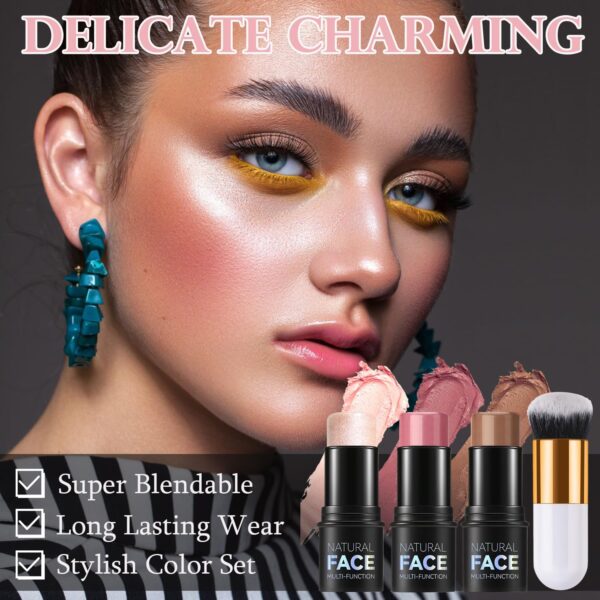 3Pcs Contour Highlighter Blush Sticks with Brush - Cream Contour Bronzer Stick for Cheeks Eyes Lips, Long Lasting Waterproof Smooth Makeup Sticks for All Skin Type Face Makeup