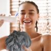Lush Puffs - 3 Pack Large 75g Deluxe Loofah Body Scrubbers. Rich Lather Shower & Bath Poufs for Skin Exfoliating & Washing. Lush Scrunchie Sponge. Quality Made & Long Lasting. Three Shades of Grey.