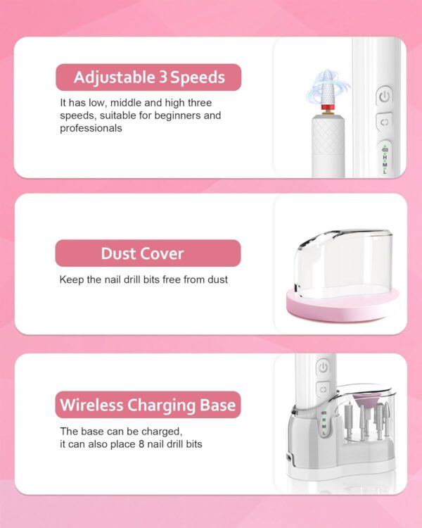 Electric Cordless Nail Drill Files:Professional Nail Drill for Acrylic Nails Gel Protable Efile Manicure Kit Rechargeable Wireless Drill Machine for Acrylic Polish Women,White