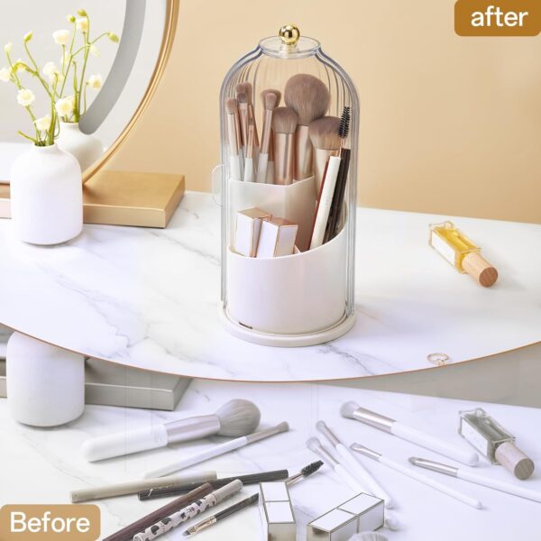 STORICANS Makeup Brush Holder Rotating Organiser with Clear Lid，Sliding Opening Dustproof Makeup Brush Case Make up Organizer Storage for Dressing Table Organiser,Vanity,White