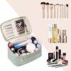 Makeup Bag Travel with Brush Compartment, Large PU Leather Cosmetic Organizer Case with Handle, Water-Resistant for Women, Green (Patent Pending)