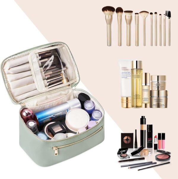 Makeup Bag Travel with Brush Compartment, Large PU Leather Cosmetic Organizer Case with Handle, Water-Resistant for Women, Green (Patent Pending)