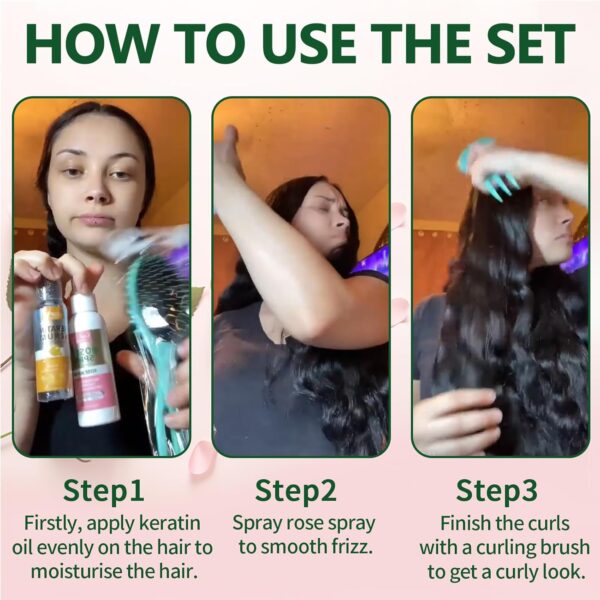 Keratin Protein Hair Serum Anti Frizz Control Repair Hair- Rose Water Spray for Hair Moisturize Anti-Frizz Hair Smooth Products Curly Hair Brush Curl Defining Brush for Shaping Hair Women Men(3PCS)