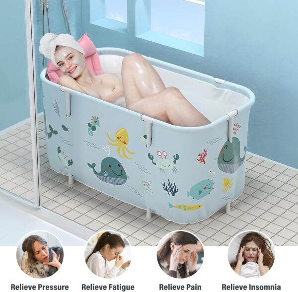 Warmiehomy Portable Foldable Bathtub for Adults,120X50X55cm Freestanding Soaking Bathtub with Cushion and Backrest,Hot Bath Ice Bath SPA Tub for Shower,Folding Bathtub for Adults Kids,Ocean Style