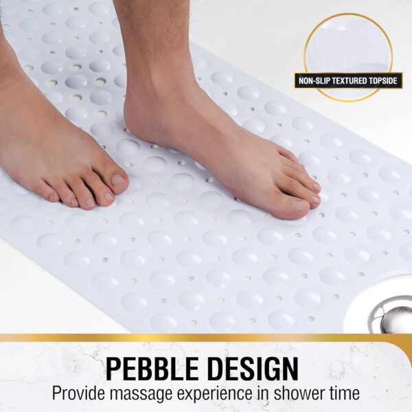 HITSLAM Non Slip Bath Mat for Tub, 101 x 40cm Extra Long Shower Mat Anti Mould, Machine Washable Bathroom Bathtub Mat with Suction Cups and Drain Holes, Soft on Feet, White