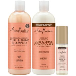Shea Moisture Shampoo & Conditioner Set + Smooth & Shine Oil Gift Set – Coconut & Hibiscus Curl & Shine, Anti-Frizz Products for Curly Hair (3 Piece Set)