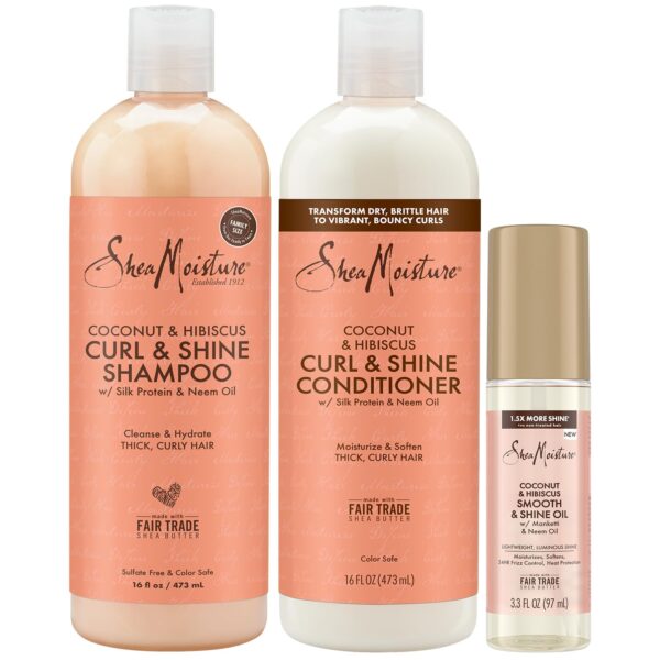 Shea Moisture Shampoo & Conditioner Set + Smooth & Shine Oil Gift Set – Coconut & Hibiscus Curl & Shine, Anti-Frizz Products for Curly Hair (3 Piece Set)