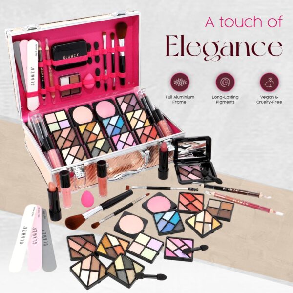 Glamza 84 Piece "Hot to Handle" Vegan Vanity Case - Full Aluminium Frame - Pink Lining - Premium Makeup Set with Eyeshadows, Brushes, Lip Gloss & More